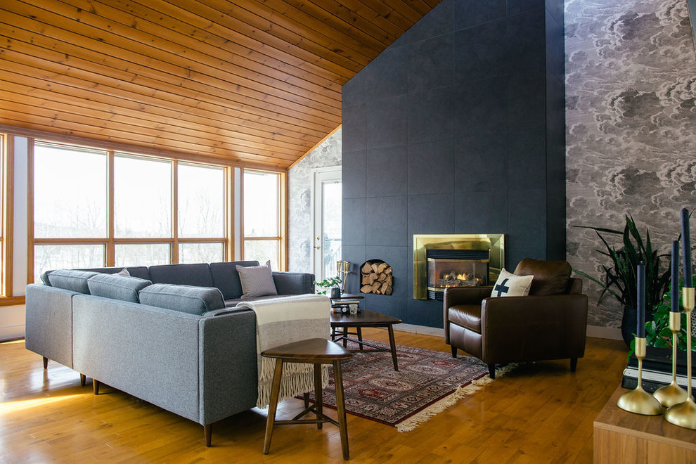 Immagine di un soggiorno classico con sala formale, pareti multicolore, pavimento in legno massello medio e cornice del camino in metallo