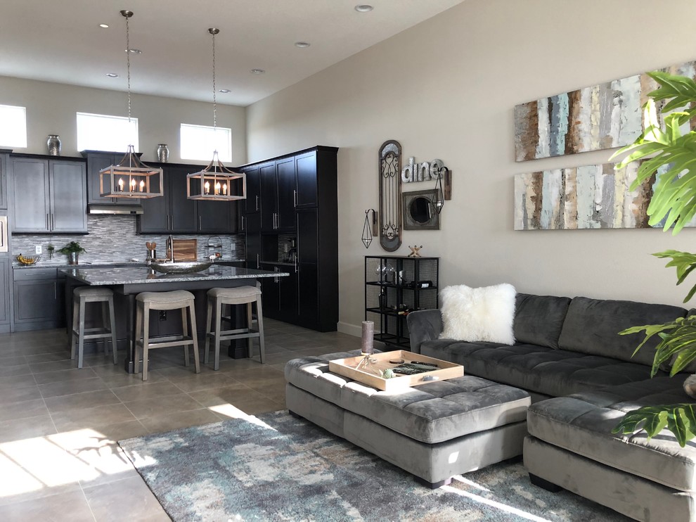Medium sized classic open plan living room in Orlando with grey walls, ceramic flooring, a wall mounted tv and grey floors.