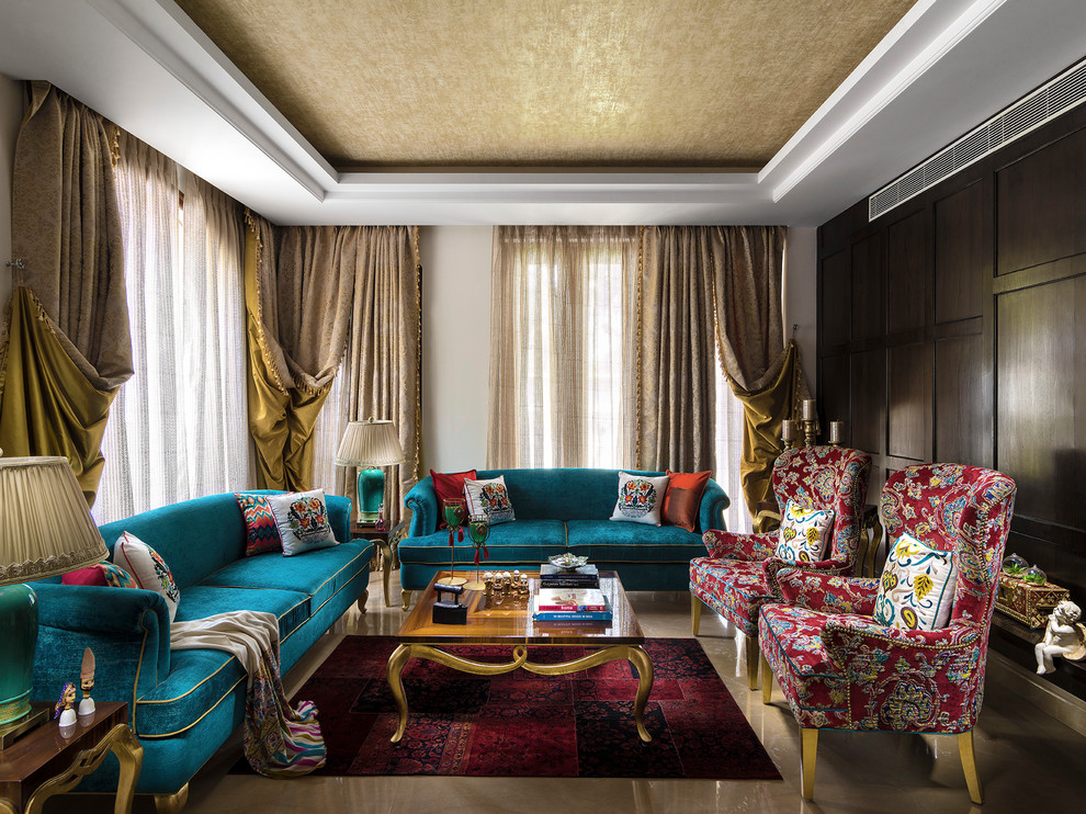 Example of a classic enclosed beige floor living room design in Delhi with beige walls
