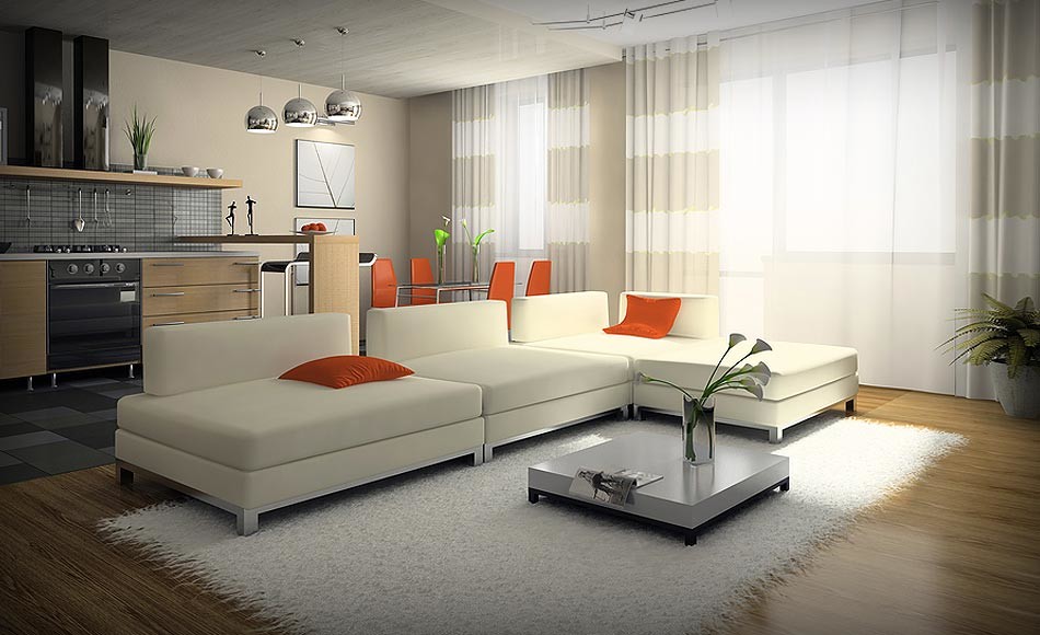 Esempio di un soggiorno moderno di medie dimensioni e aperto con sala formale, pareti beige, pavimento in legno massello medio e pavimento marrone