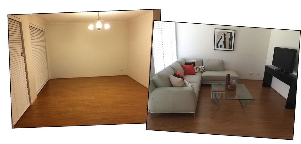 Großes, Repräsentatives, Offenes Modernes Wohnzimmer ohne Kamin mit weißer Wandfarbe, hellem Holzboden und freistehendem TV in Perth