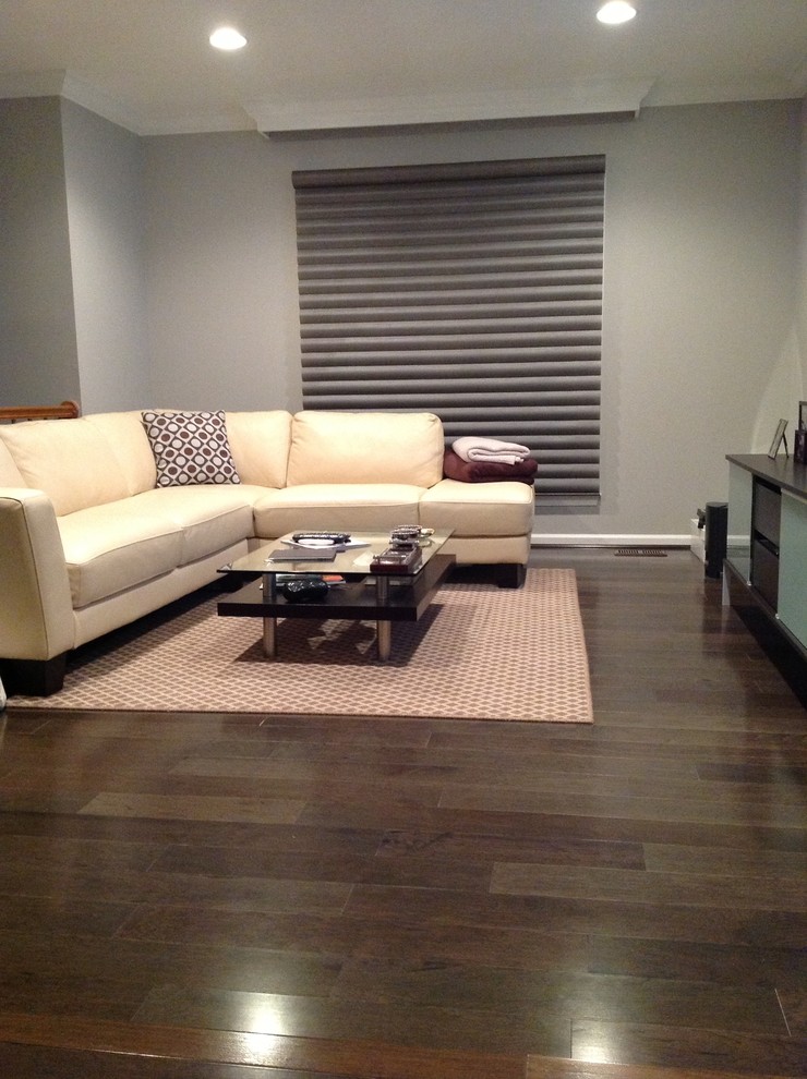 Example of a mid-sized trendy formal and enclosed dark wood floor living room design in Baltimore with gray walls, no fireplace and a wall-mounted tv