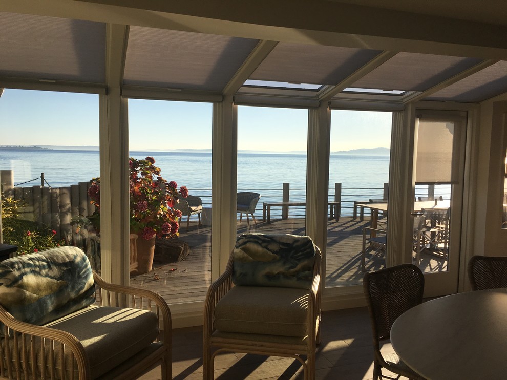 & Roller Shades Beach Style Living Room Seattle by