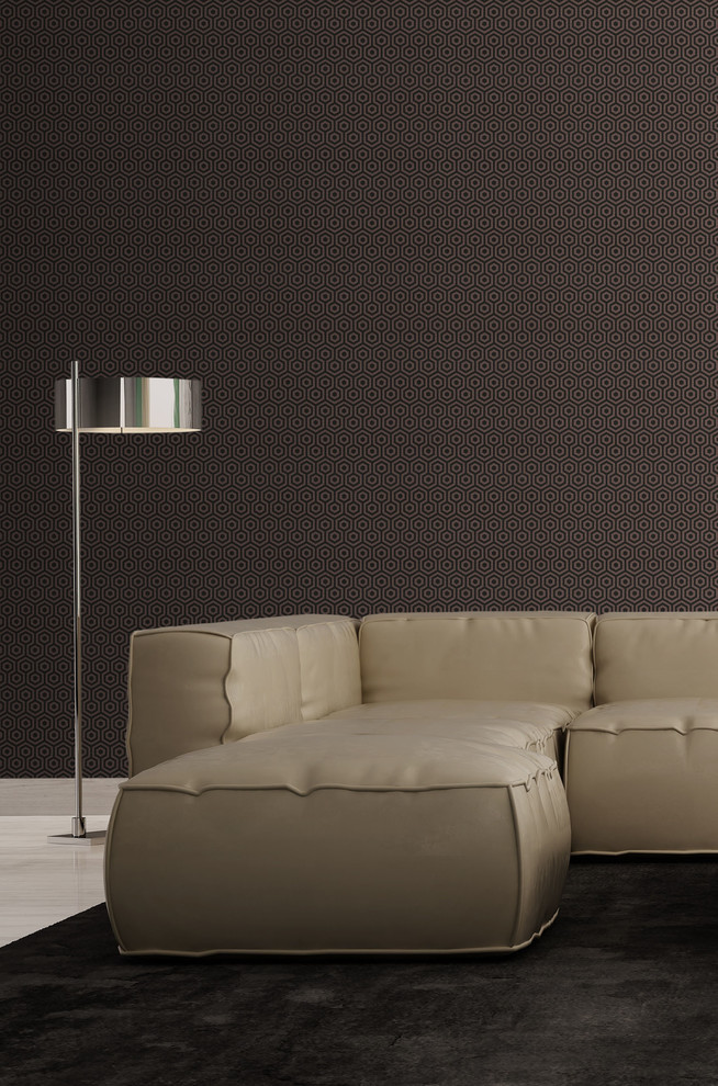 Idée de décoration pour un salon minimaliste avec un mur marron.