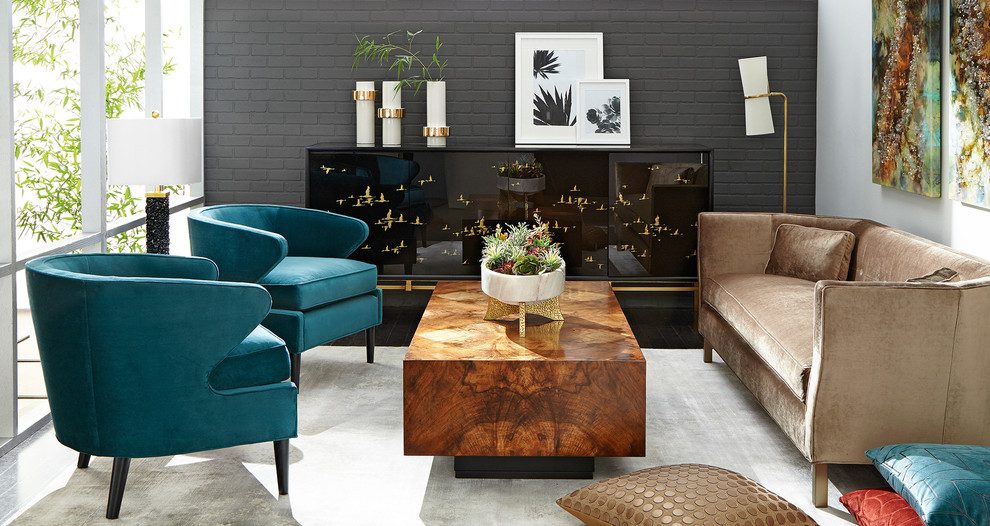 Пример оригинального дизайна: гостиная комната в стиле ретро с коричневым диваном