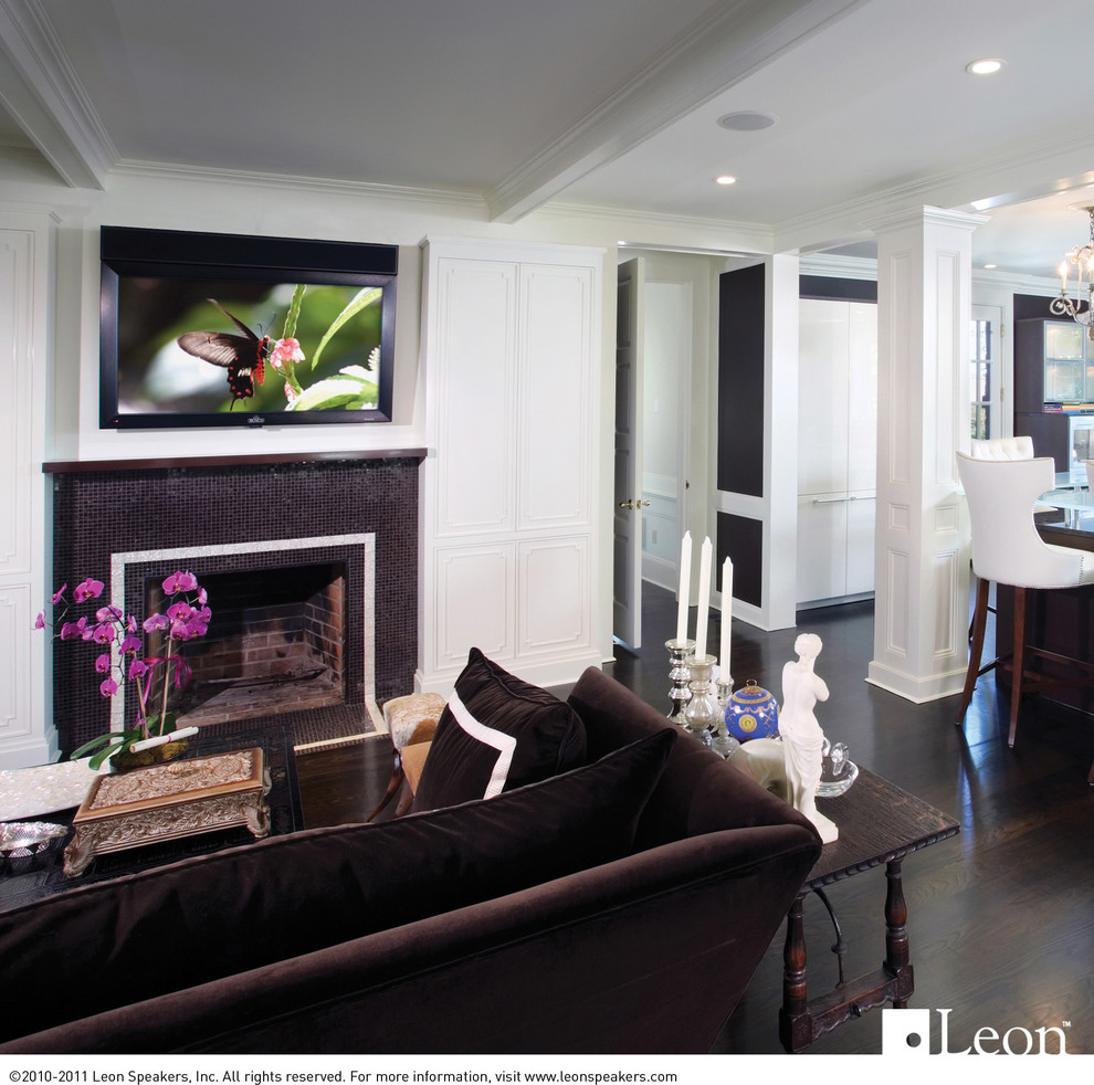 Mid-sized elegant open concept dark wood floor living room photo in Detroit with white walls, a standard fireplace, a tile fireplace and a wall-mounted tv