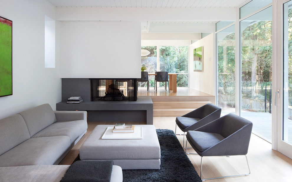 Modelo de salón minimalista con chimenea de doble cara