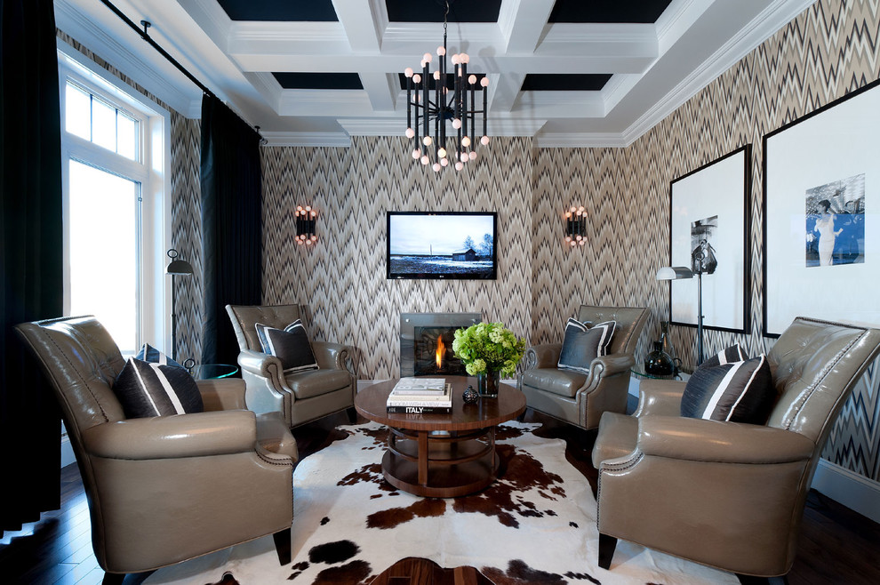 Example of a mid-sized trendy enclosed living room design in Other with beige walls and a wall-mounted tv