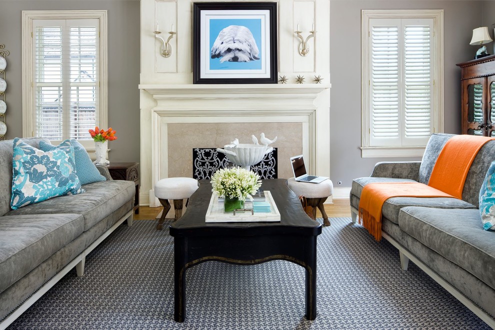 Trendy living room photo in Raleigh with gray walls