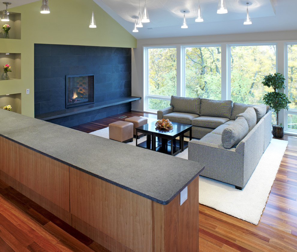 Contemporary living room in Detroit with a tiled fireplace surround.