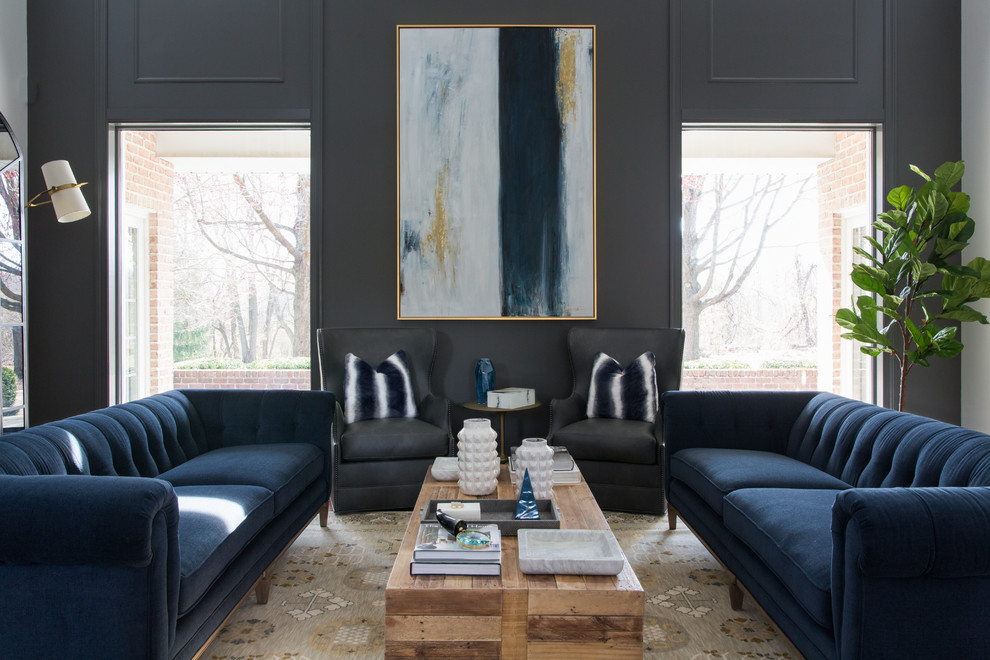 Пример оригинального дизайна: парадная гостиная комната в стиле неоклассика (современная классика) с серыми стенами