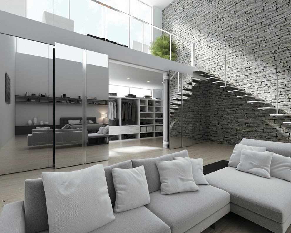 Design ideas for a contemporary mezzanine living room in Chicago.