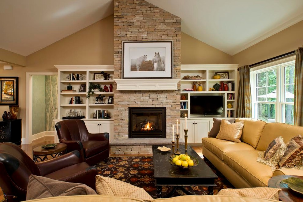Photo of a medium sized rustic formal open plan living room in Boston with brown walls, dark hardwood flooring, a standard fireplace, a stone fireplace surround, no tv and brown floors.