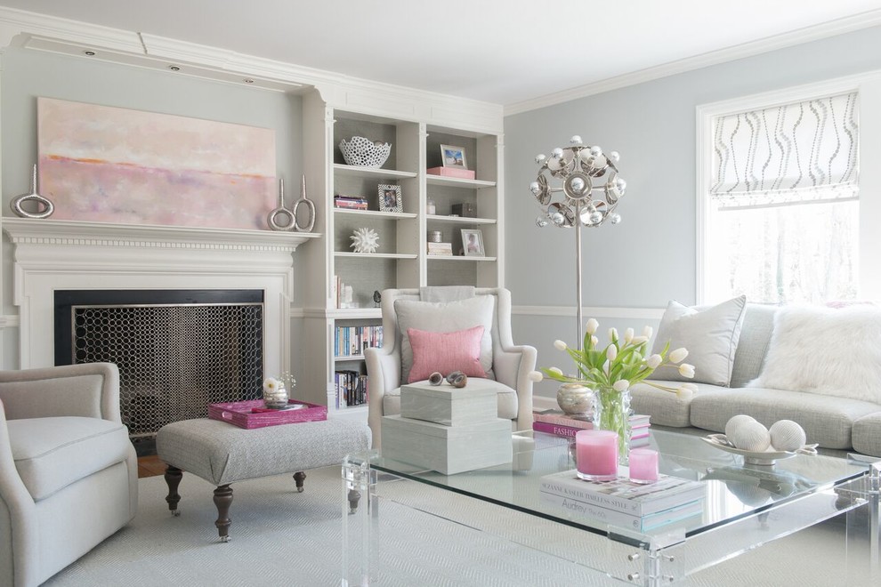 Inspiration for a medium sized traditional formal enclosed living room in DC Metro with grey walls, a standard fireplace, carpet, a wooden fireplace surround, no tv and brown floors.