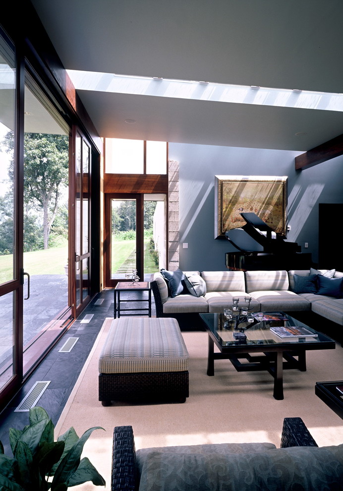 Esempio di un ampio soggiorno minimalista aperto con sala formale, pareti blu, nessun camino e nessuna TV