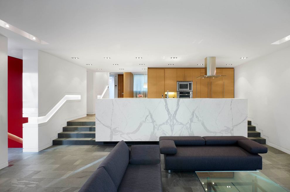 Kleines, Offenes, Repräsentatives, Fernseherloses Modernes Wohnzimmer ohne Kamin mit weißer Wandfarbe, grauem Boden und Schieferboden in Toronto