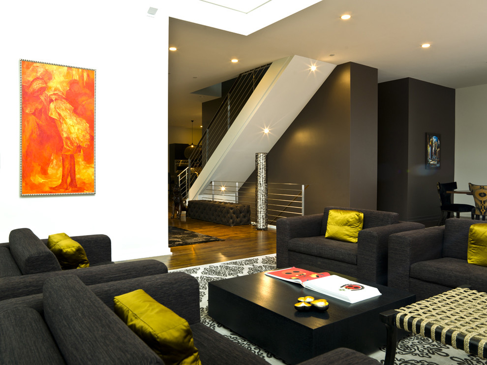 Inspiration for a modern living room remodel in Chicago with black walls