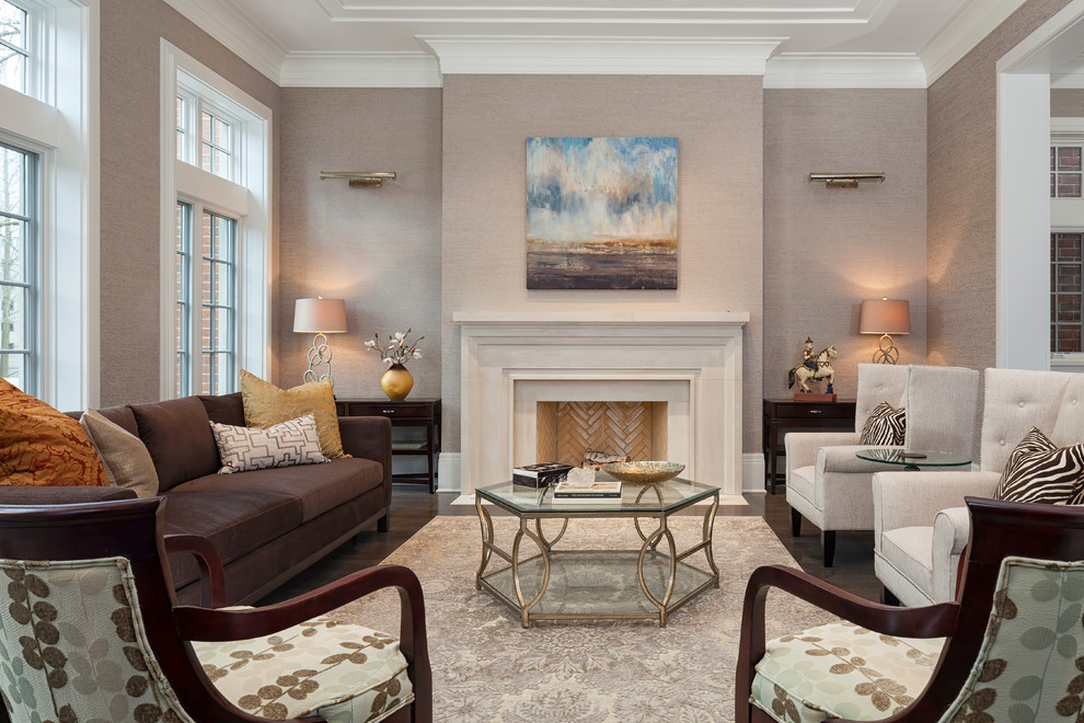 Design ideas for a large traditional formal living room in Chicago with dark hardwood flooring, a standard fireplace, a stone fireplace surround, no tv, brown floors and grey walls.