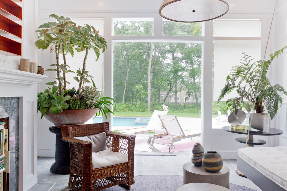 Living room - contemporary living room idea in New York with white walls