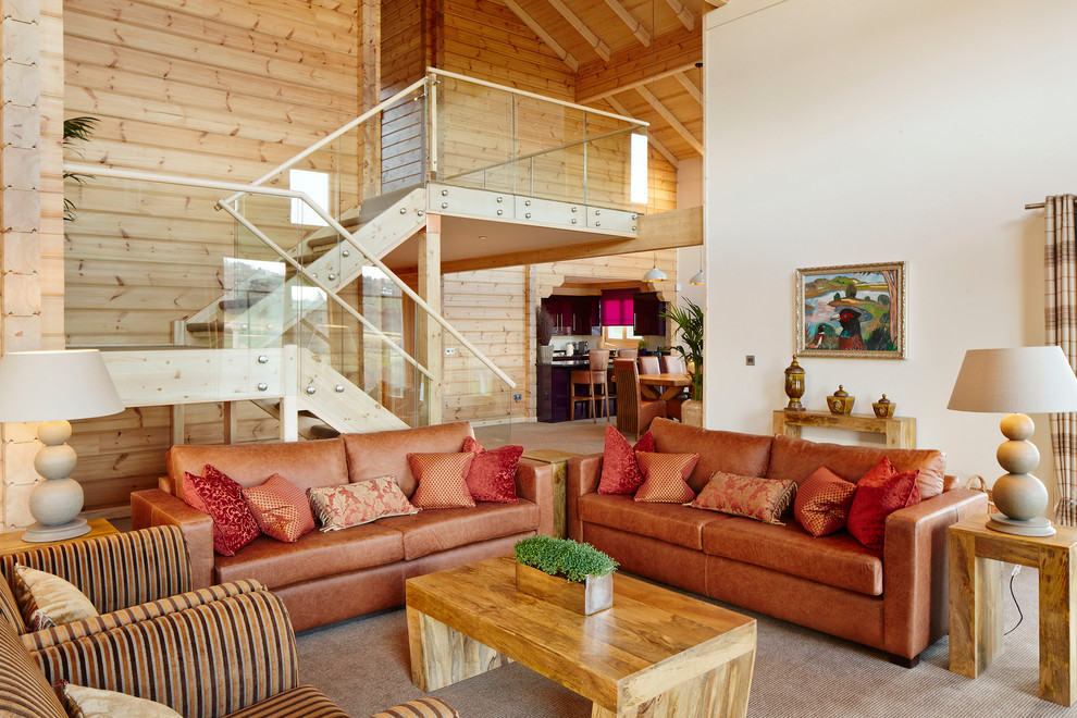 Imagen de salón para visitas abierto rural sin chimenea y televisor con paredes beige y moqueta