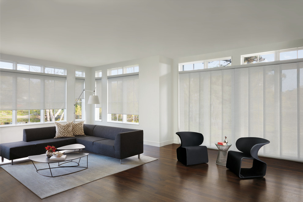 Foto de salón minimalista grande sin chimenea y televisor con paredes blancas y suelo de madera oscura
