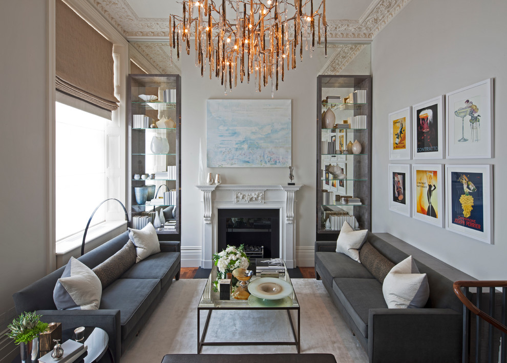 Design ideas for a contemporary living room in London with white walls.