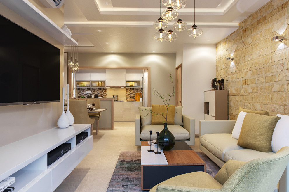 Exemple d'un salon tendance de taille moyenne et ouvert avec un mur multicolore, un téléviseur encastré, un sol beige et du papier peint.