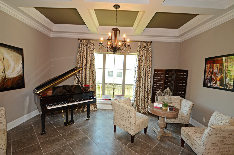 Идея дизайна: открытая гостиная комната среднего размера в классическом стиле с музыкальной комнатой и коричневыми стенами без камина, телевизора