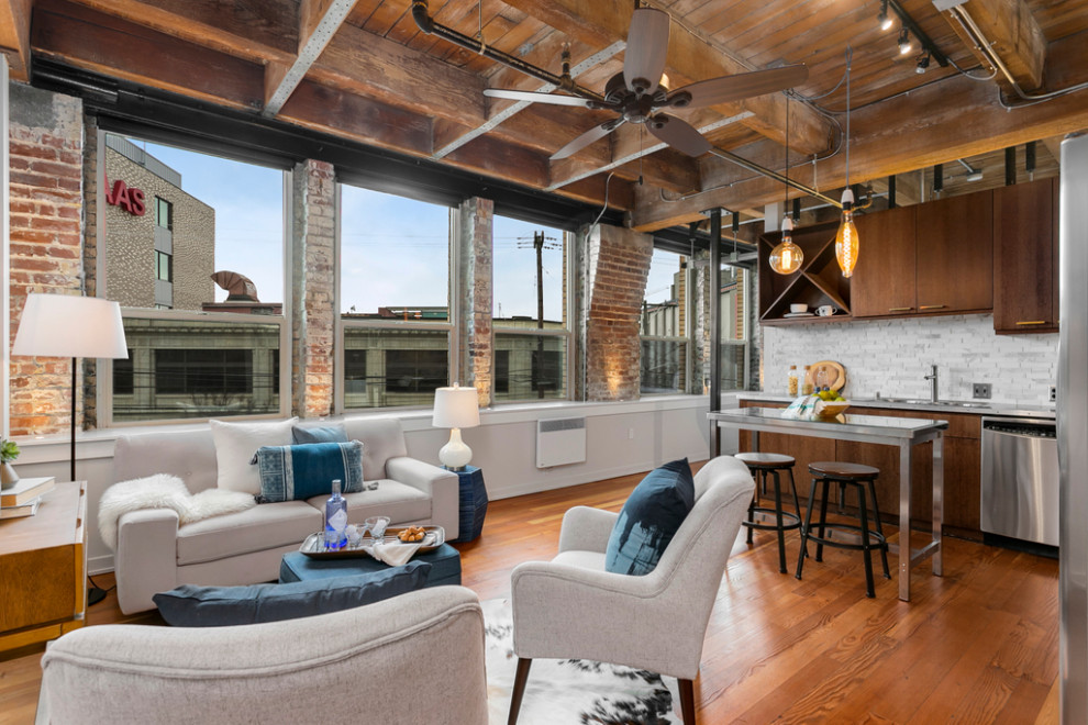 Image showcasing Industrial Condo With Transitional Style Decor - Industrial - Living ...