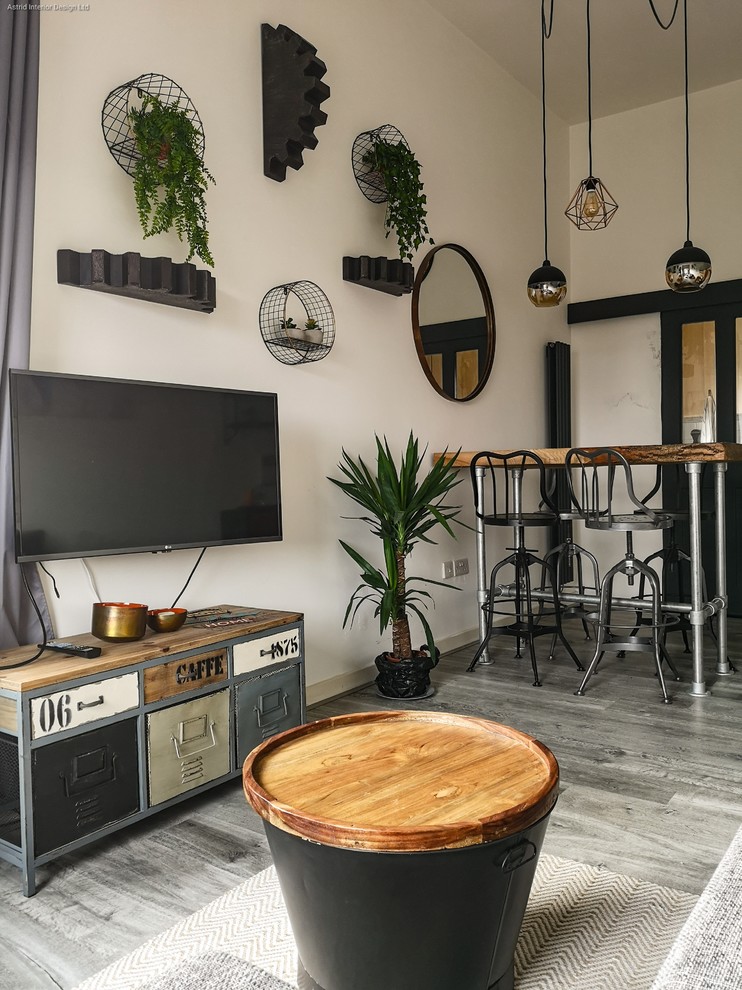 Idées déco pour un petit salon industriel fermé avec une salle de réception, un mur blanc, sol en stratifié, aucune cheminée, un téléviseur indépendant et un sol gris.