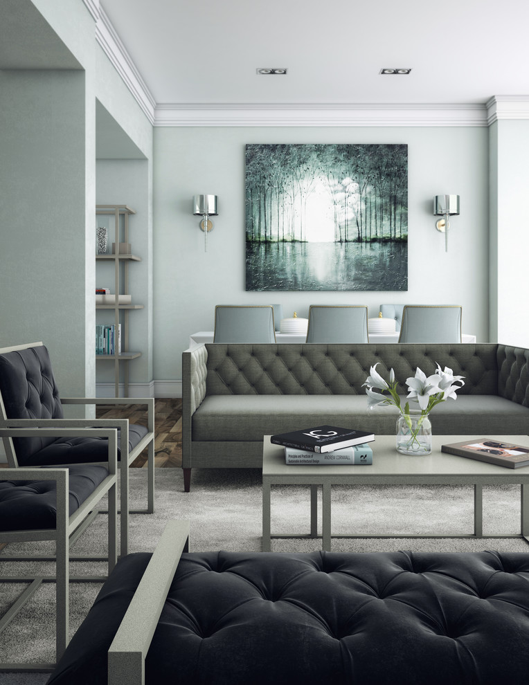 Foto di un piccolo soggiorno moderno chiuso con sala formale, pareti grigie, parquet scuro e nessuna TV