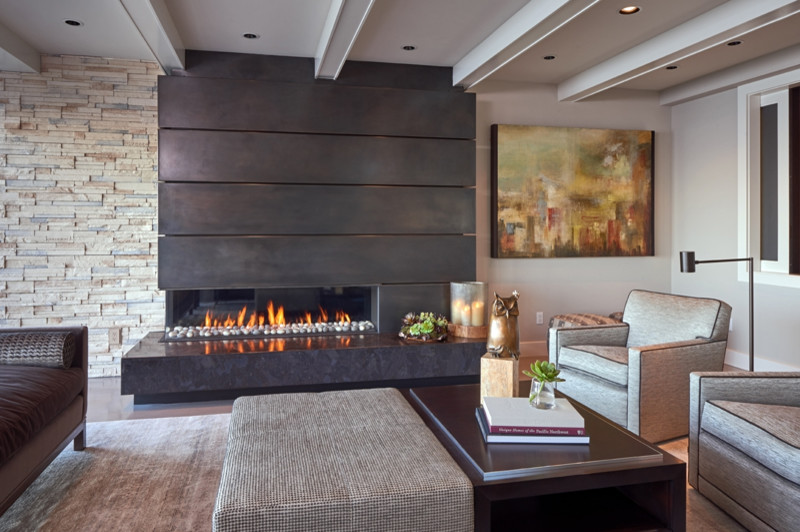 Inspiration for a mid-sized contemporary formal and open concept porcelain tile living room remodel in Phoenix with gray walls, a ribbon fireplace, a concrete fireplace and no tv