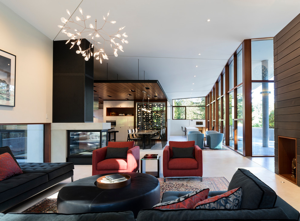 Пример оригинального дизайна: гостиная комната в стиле модернизм с полом из керамогранита, двусторонним камином и фасадом камина из металла