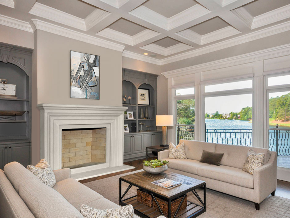 На фото: гостиная комната среднего размера в морском стиле с серыми стенами, стандартным камином, фасадом камина из камня и кессонным потолком