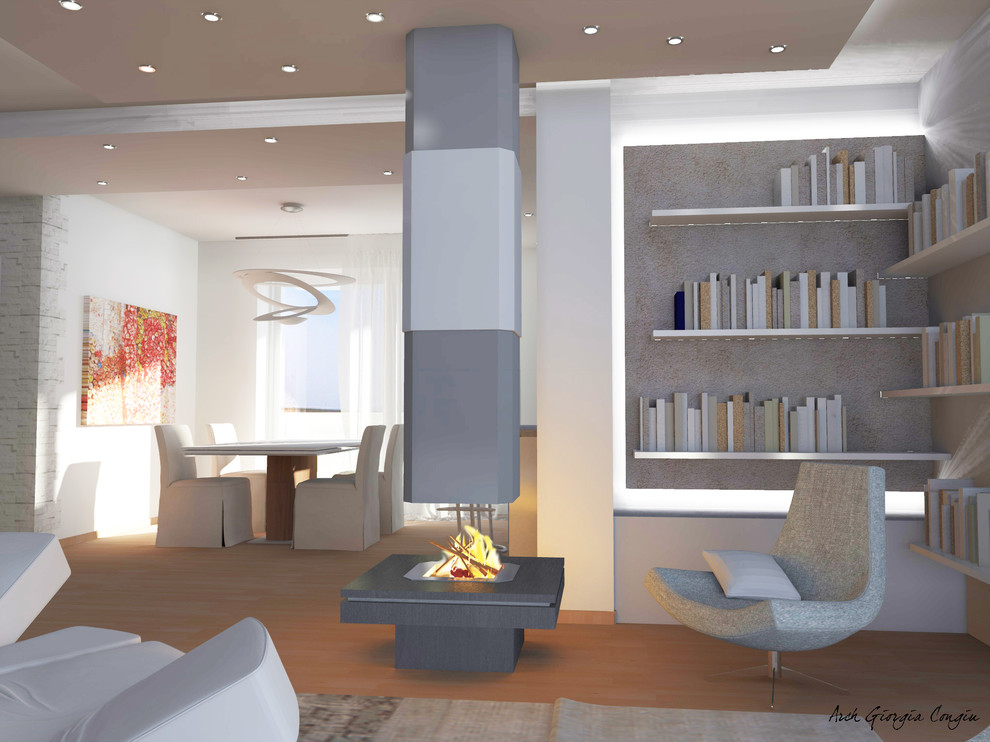 Idee per un soggiorno moderno di medie dimensioni e stile loft con sala formale, pareti bianche, pavimento in legno massello medio e cornice del camino in metallo