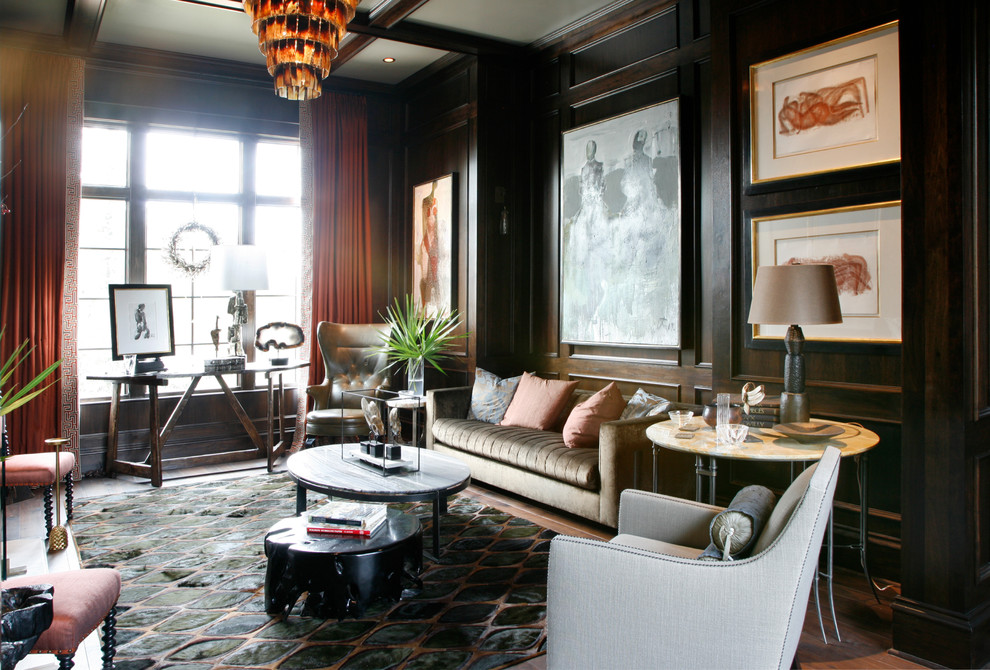 Inspiration pour un grand salon design avec un mur marron, parquet foncé, une cheminée standard et un manteau de cheminée en pierre.