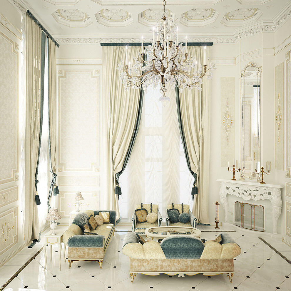 Foto di un grande soggiorno classico aperto con sala formale, pareti beige, pavimento con piastrelle in ceramica, camino ad angolo e nessuna TV