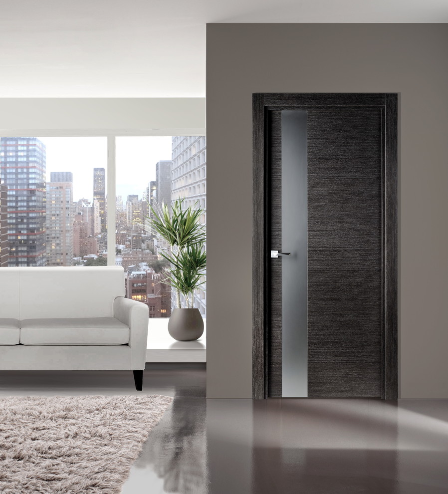 Immagine di un soggiorno minimalista di medie dimensioni e chiuso con pareti grigie e pavimento in linoleum