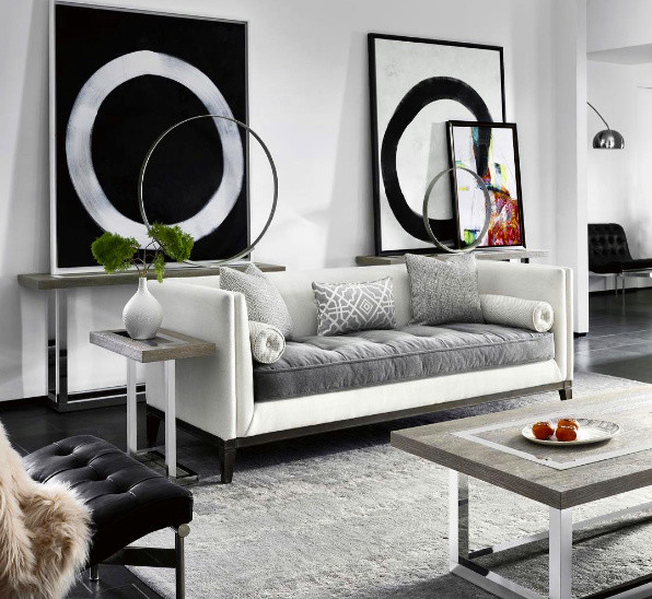 Идея дизайна: парадная, открытая гостиная комната среднего размера в современном стиле с белыми стенами, полом из керамогранита и черным полом без камина, телевизора