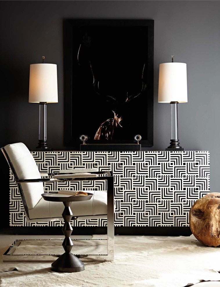 Immagine di un soggiorno contemporaneo con pareti grigie, pavimento in gres porcellanato e pavimento bianco