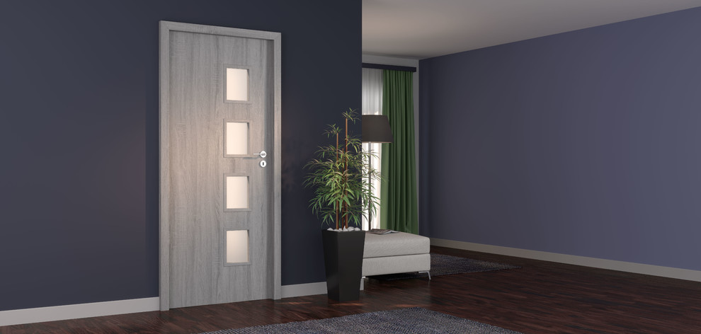 Ispirazione per un grande soggiorno minimalista aperto con pareti blu, pavimento in legno verniciato, nessun camino e pavimento marrone