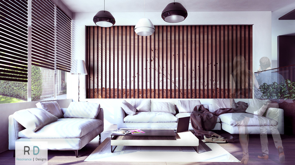 Idéer för mellanstora funkis separata vardagsrum, med bruna väggar och bambugolv