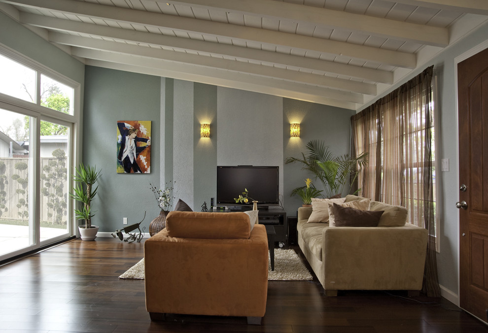 На фото: открытая гостиная комната среднего размера в стиле модернизм с отдельно стоящим телевизором, синими стенами, темным паркетным полом и ковром на полу без камина с