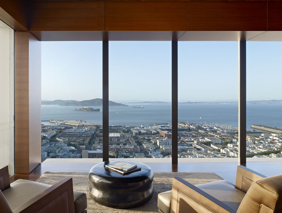 Design ideas for a modern open plan living room in San Francisco.