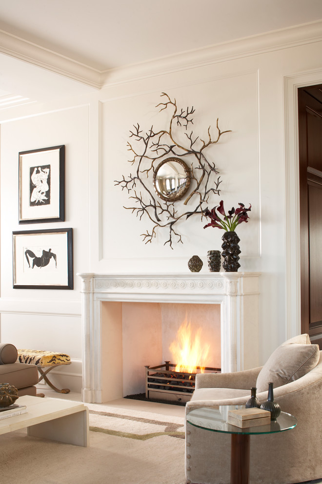 Example of a trendy living room design in Charleston with white walls