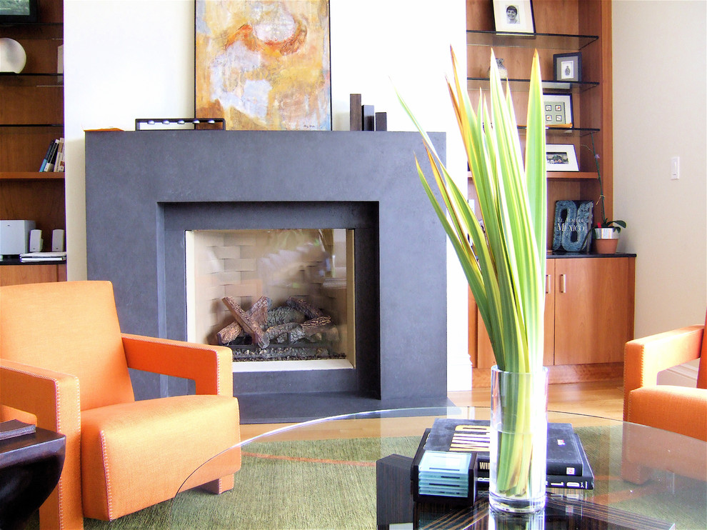 Example of a trendy living room design in San Francisco with white walls and a standard fireplace