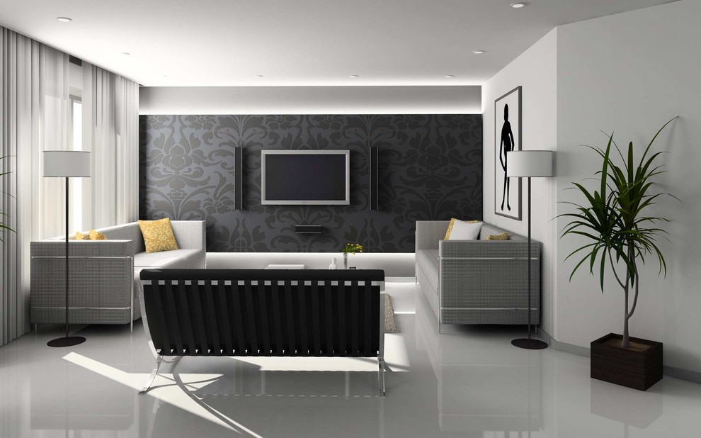 На фото: маленькая парадная, изолированная гостиная комната в стиле модернизм с черными стенами, полом из керамогранита, телевизором на стене и обоями за телевизором для на участке и в саду