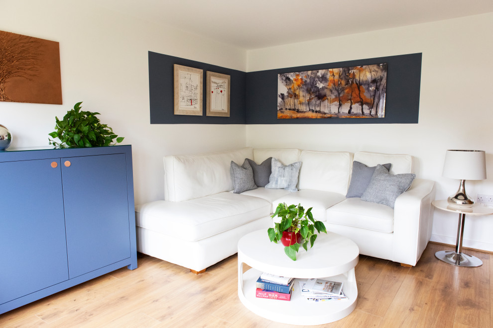 Modelo de salón cerrado moderno de tamaño medio sin chimenea con paredes blancas, suelo de madera en tonos medios, televisor independiente y suelo marrón