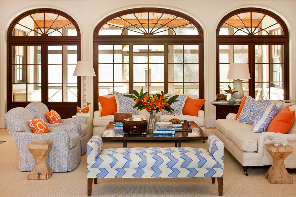 Living room - large coastal open concept dark wood floor living room idea in Jacksonville with green walls
