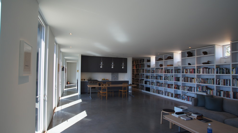 Cette image montre un grand salon minimaliste ouvert avec une bibliothèque ou un coin lecture et un mur blanc.